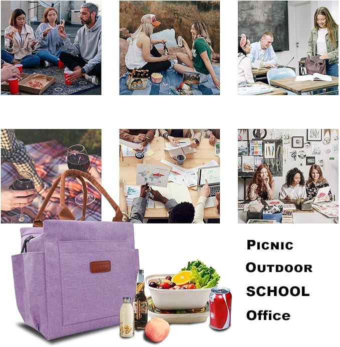 Joymee Lunch Bag Women Insulated Lunch Box Reusable Leakproof Large Spacious Cooler Tote for Women Men Adult with Bottle Holder and Side Pockets for Work Office Travel Picnic - Purple