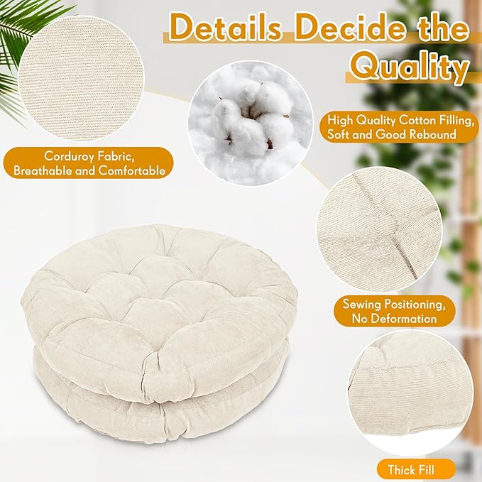 Jerify Floor Pillow Cushions 22 x 22 Inch Round Square Large Meditation Floor Pillow for Classroom Adult Meditation Picnic Party Cushion for Seating Gift Christmas(Round,Beige,2 Pcs)