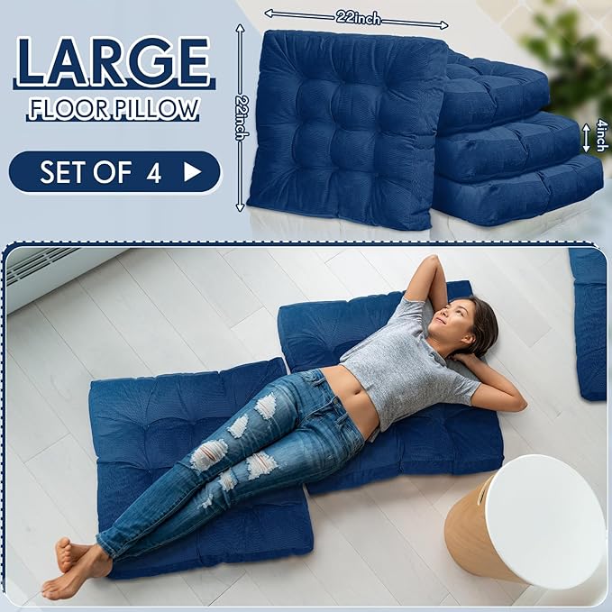 Jerify Floor Pillow Cushions 22 x 22 Inch Round Square Large Meditation Floor Pillow for Classroom Adult Meditation Picnic Party Cushion for Seating Gift Christmas(Square,Navy Blue,4 Pcs)