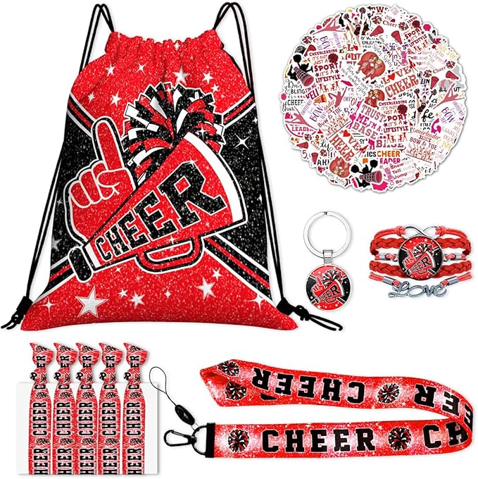 Cheerleading Drawstring Bag Gift Set Including Drawstring Sackpack Stickers Lanyard Keychains Bracelets Hair Ties 6 Pcs(Red)