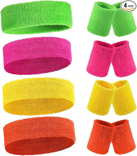 Civaner 12 Pcs 80s 90s Sweatbands Neon Headbands Wristbands for Men Women Party Sports Cotton Headbands Terry Cloth Athletic Sweat Bands for Tennis Football Gym Workingout Accessories