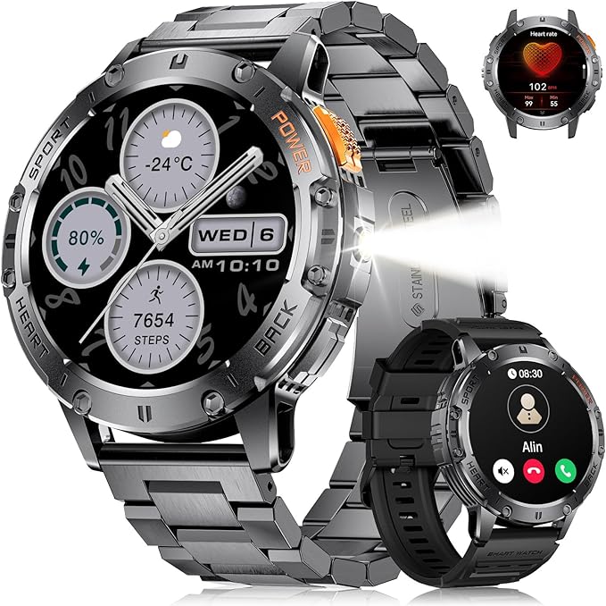 Smart Watches for Men for Android/iPhone(2 Straps),1.43’’ AMOLED Display Sport Watch with 123 Sport Modes/FlashLight,5ATM Waterproof Fitness Tracker with Blood Pressure/Heart Rate/Sleep Monitor,Metal