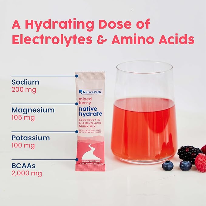 NativePath Native Hydrate Stick Packs, Sugar Free Electrolytes Powder with BCAAs, Mixed Berry Hydration, Keto & Paleo Friendly, 30 Servings