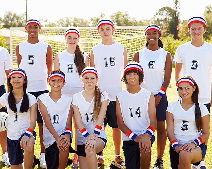 48 Pcs Football Sweatbands Bulk for Men Women Striped Sweatband Set, Include 16 Headband and 32 Wristbands Sports Neon Accessories for 80's Costume Party Athletic Gym