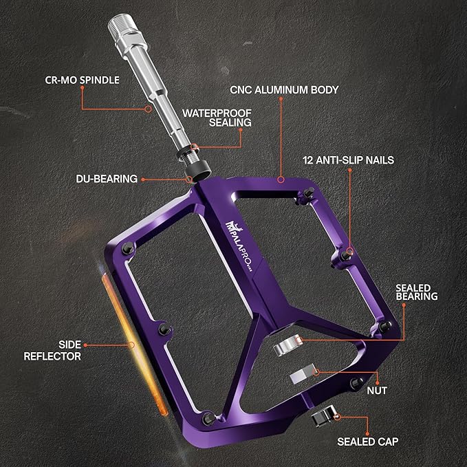 Flat Bike Pedals with Reflectors CNC Aluminium 9/16” – MTB Pedals with Extra Wide Platform and Removable Anti-Slip Pins – Lightweight Pedals for Mountain Bike & Road Bike 294 g