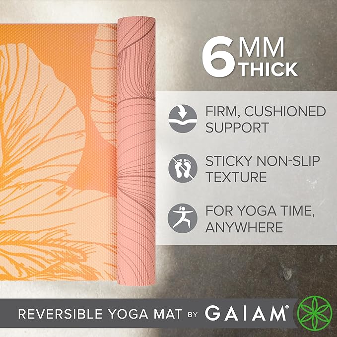 Gaiam Yoga Mat - Premium 6mm Print Reversible Extra Thick Non Slip Exercise & Fitness Mat for All Types of Yoga, Pilates & Floor Workouts (68" x 24" x 6mm Thick)
