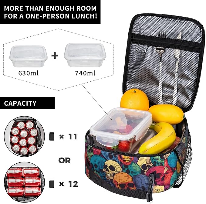 Insulated Lunch Box for Women Men, Skull Theme Lunch Box Reusable Portable Lunch Bag Cooler Tote Waterproof Lunch Container for Office Picnic Work Travel