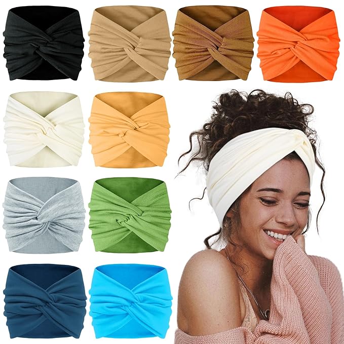 AKTVSHOW 7'' Wide Headbands for Women, 10 Pack Large Turban Headband Fashion Non Slip Hairbands Thick Head Wraps Yoga Hairwraps Workout Hair Accessories