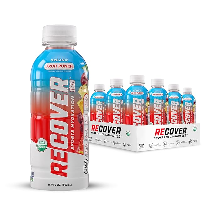 RECOVER 180 Organic Sports Hydration Drink, No Sugar Added, 20 Calorie Sports Beverage, Organic Flavors With Vitamins, Potassium-Packed Electrolytes (16.9 Fl Oz (Pack of 12), Fruit Punch)