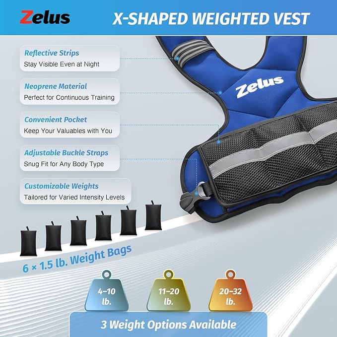 ZELUS Weighted Vest for Men and Women | 4-10lb/11-20lb/20-32lb Vest with 6 Ironsand Weights for Home Workouts | Adjustable Body Weight Vest Exercise Set for Cardio and Strength Training