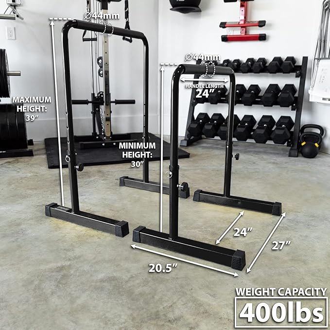 Synergee Dip Bar. Adjustable Dip Station from 30” – 39” for Dips, Inverted Pull Ups. Max capacity 400 lbs. Portable Dip Stand for Total Body Workout. Available in Yellow and Black.
