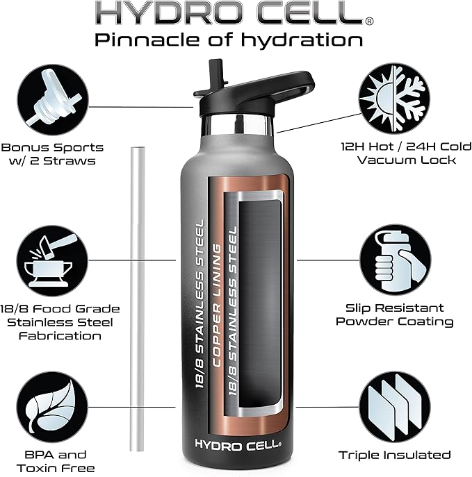 HYDRO CELL Stainless Steel Water Bottle with Straw & 2 Standard Mouth Lids (32oz 24oz 20oz 16oz) Keeps Liquids Hot or Cold w/Double Wall Vacuum Insulated Leak Proof Sport Design (Graphite/Black 24oz)