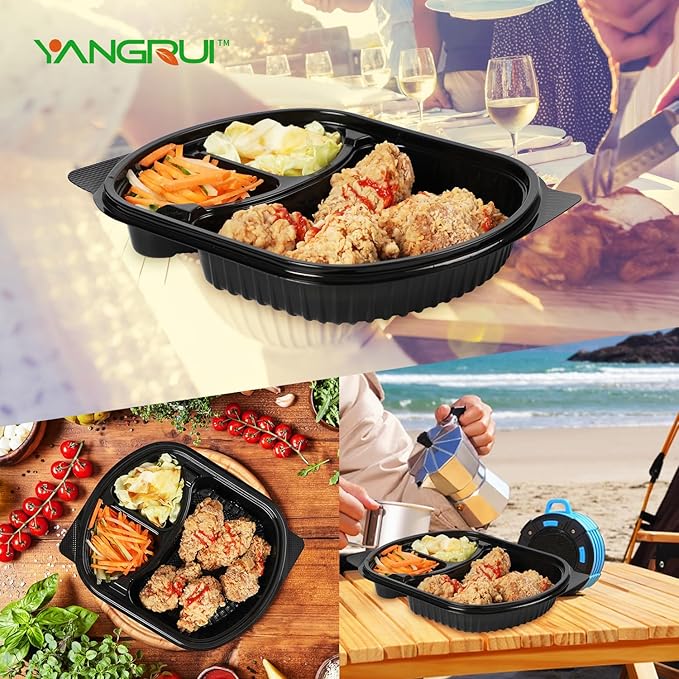 YANGRUI Meal Prep Container, 30 Pack 30oz BPA Free Reusable To Go Containers with Lids Shrink Wrap Microwave Dishwasher Freezer Safe Plastic 3 Compartment Bento Box