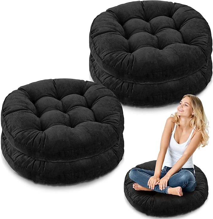 Jerify Floor Pillow Cushions 22 x 22 Inch Round Square Large Meditation Floor Pillow for Classroom Adult Meditation Picnic Party Cushion for Seating Gift Christmas(Round,Black,4 Pcs)