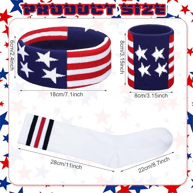 Skylety 5 Pcs Striped Sweatband Sock Set Wrist Sweatband Headband High Striped Headband for Men Women Sports 80s Party(White, Navy Blue and Red)