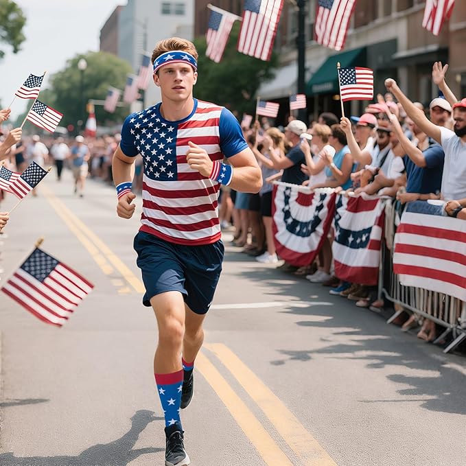 ONUPGO 5 Pieces Sweatbands Striped Socks Set Sports Headband Wristbands High Tube Socks 80s Accessories Costumes