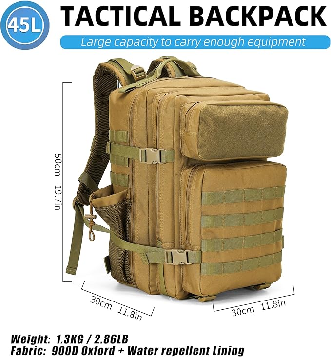 gracedon Tactical Backpack - Military Molle Bag 3 Days Pack for men and Women Large Assault Rucksack 45L (Khaki)