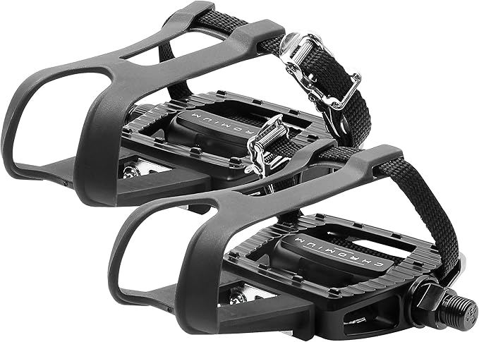 BV Bike Pedals Shimano SPD/Look Delta Compatible 9/16'' with Toe Clips - Peloton Pedals for Regular Shoes - Toe Cages for Peloton Bike - Exercise Bike Pedals - Universal Fit Bicycle Pedal