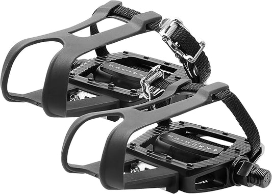 BV Bike Pedals Shimano SPD/Look Delta Compatible 9/16'' with Toe Clips - Peloton Pedals for Regular Shoes - Toe Cages for Peloton Bike - Exercise Bike Pedals - Universal Fit Bicycle Pedal