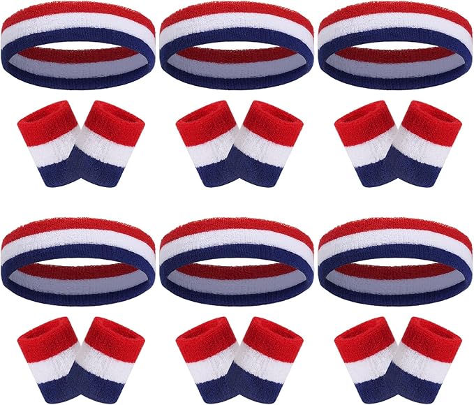 18 Pcs Sweatbands Headband Wristband Set Colorful Striped Terry Cloth Sports Athletic Gym 80s Sweat Headbands