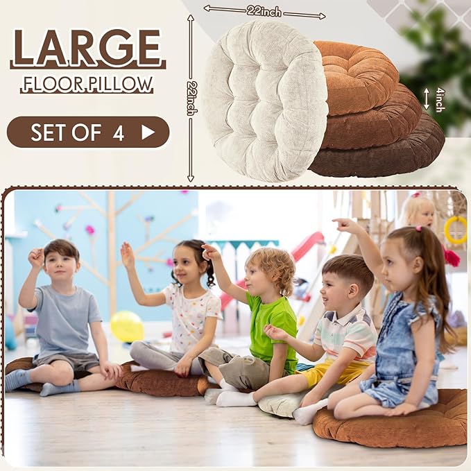 Jerify Floor Pillow Cushions 22 x 22 Inch Round Square Large Meditation Floor Pillow for Classroom Adult Meditation Picnic Party Cushion for Seating Gift Christmas(Round,Brown,4 Pcs)