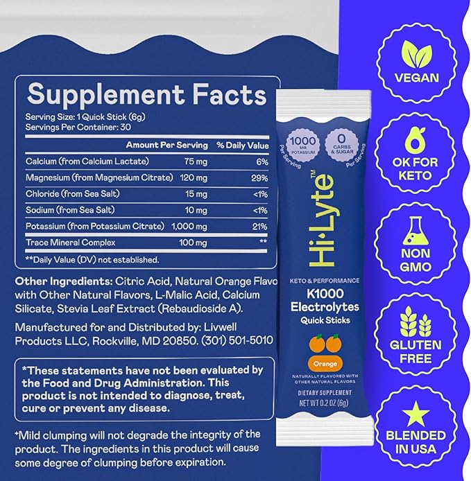 Hi-Lyte K1000 Electrolytes Quick Sticks Orange Keto & Performance, 30 Servings - 1000mg Potassium + Magnesium, Sodium, Trace Minerals - 0 Carbs, 0 Sugar
