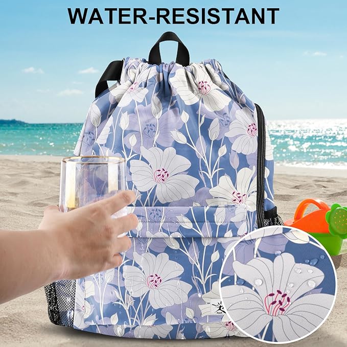 Drawstring Backpack with Mesh Pockets String Gym Bag Sackpack Sandproof Water Resistant Beach Backpack for Men Women