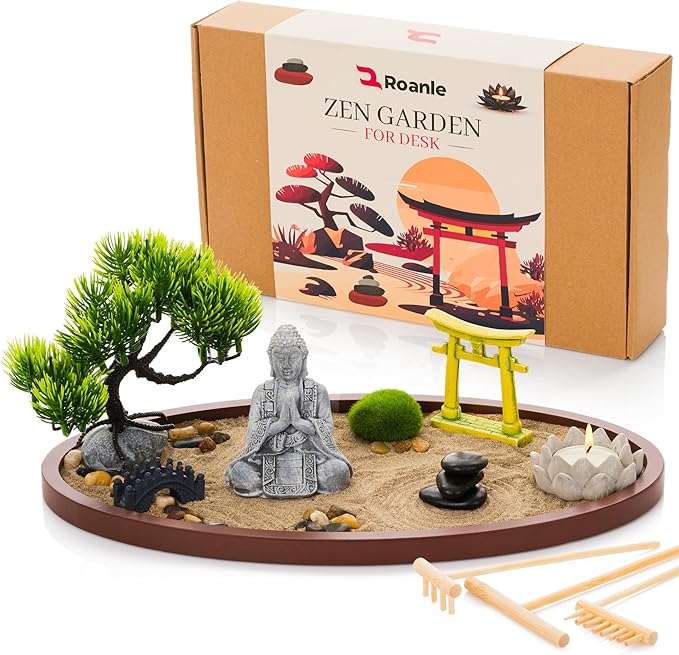 Zen Garden for Desk 13x8in – Japanese Decor with Buddha, Artificial Bonsai Tree, Tools & Accessories – Mini Zen Garden Kit for Office Desk, Home, Meditation Room, Desktop Gift Set