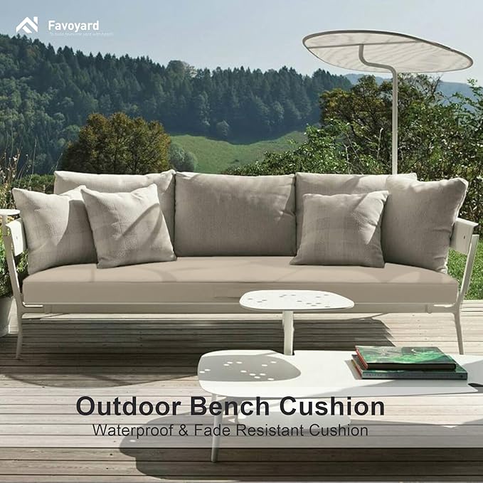 Favoyard Outdoor Bench Cushion 59 × 16 Inch Waterproof & Color Resistant Patio Benches Cushions for Garden Loveseat Swing Couch Furniture with Handle, Removable Cover and Adjustable Straps, Beige