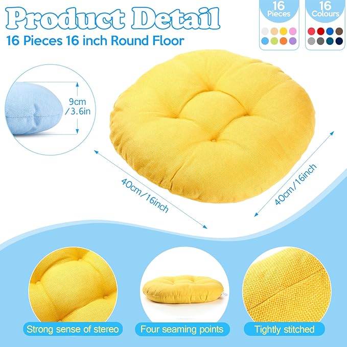 Fumete 16 Pcs 16 Inch Round Floor Cushions for Kids and Toddlers, Flexible Seating Classroom Furniture Floor Pillow for Home, Daycare, Preschool, Yoga and Meditation (Novel)