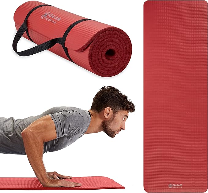 Gaiam Essentials Thick and Thin Yoga Mat Fitness & Exercise Mat with Easy-Cinch Carrier Strap