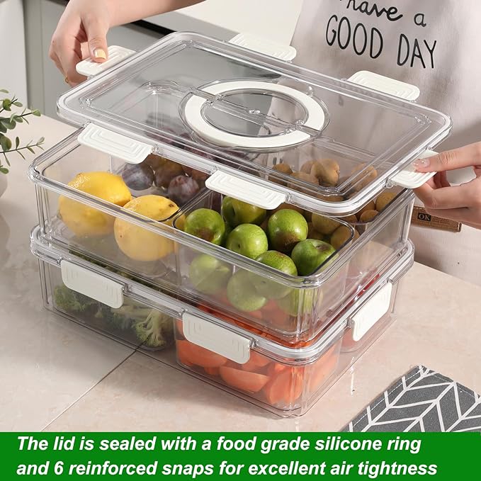 Taiuloo Divided Serving Tray with Lid & Handle, Airtight 4 Compartment Snackle Box Charcuterie Container, Fridge Organizer Bins, Food Storage Container Veggie Tray for Snack, Fruit, Candy, Nuts