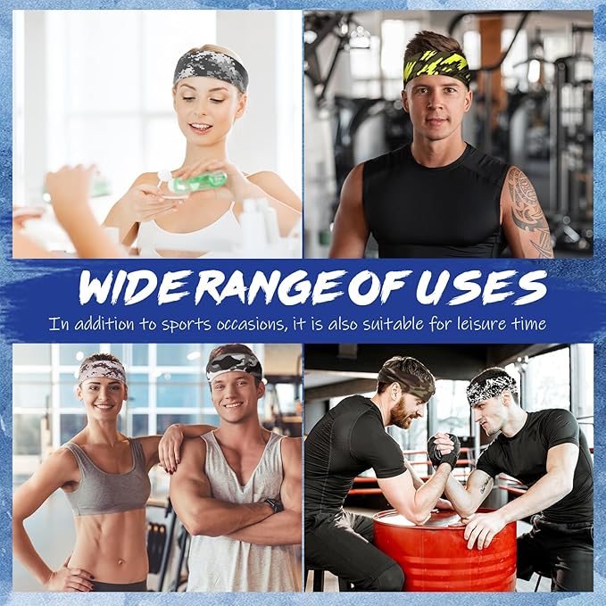 18 Pcs Sports Sweatbands for Men Women Camo Headbands Workout Non Slip Headbands Breathable Head Band Fitness Stretchy Unisex Hairband for Yoga Running Cycling Ball