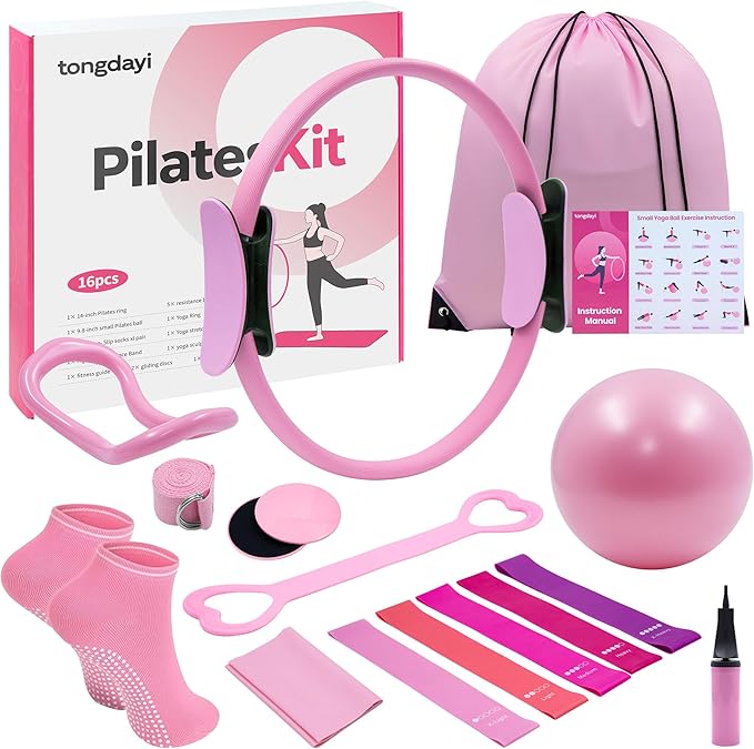 Home Pilates Equipment for Women, Pilates Kit with 14'' Pilates Rings, Yoga Ball, Sliding Disks, Pilates Bands & Accessories - Workout Equipment Home Gym Includes Complete Fitness Poster