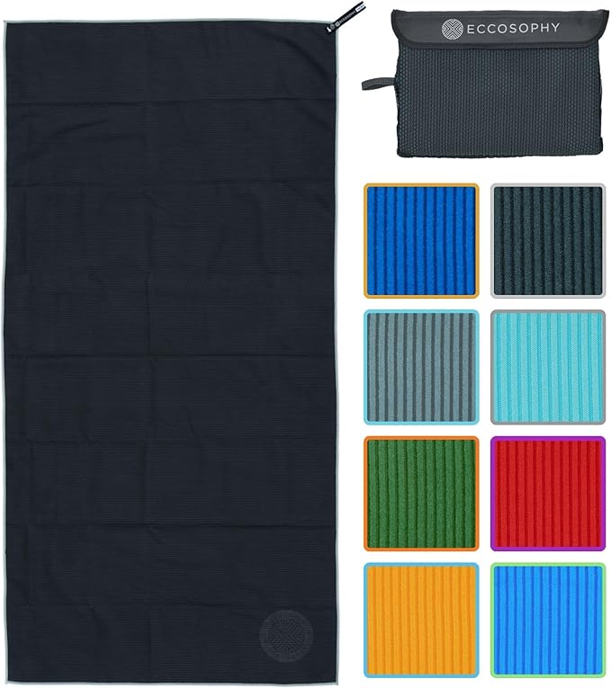 ECCOSOPHY Microfiber Beach Towel – Quick Dry Gym Towel, Highly Absorbent with Ribbed Texture, Lightweight – Ideal for Travel, Pool, Yoga, Fitness & Outdoor Adventures – 40x20 Black