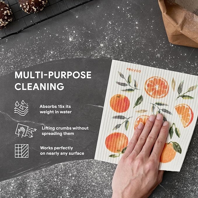 RECYCO Swedish Dishcloths for Kitchen | 5 Pack Washable Dish Rags | Cellulose Reusable Cleaning Paper Towels | Absorbent Counter Dish Cloth Sponge Kitchen Wipes, 8" L x 7" W
