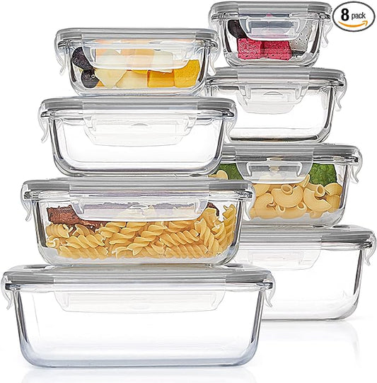 Vtopmart 8 Pack Glass Food Storage Containers with Airtight Lids, Glass Meal Prep Containers, Lunch Office Meal for Microwave, Oven, Freezer and Dishwasher, BPA Free