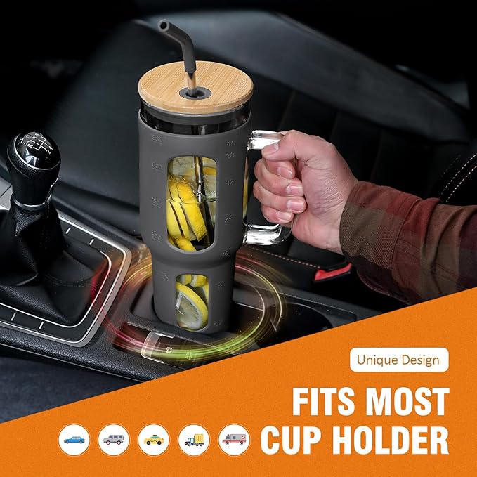 Glass Tumbler with Lid and Straw, 46 oz Iced Coffee Cup with Handle, Large Water Bottles with Silicone Sleeve, Glass Cup with Straws - Pearl Straw & Drinking Straw BPA Free-Grey