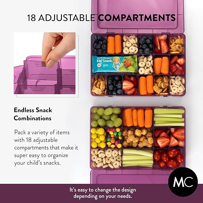 Large Kids Snack Box Containers Set of 2 -100 Labels, BPA-Free, Adjustable Compartments, Dishwasher Safe, Reusable Tray, Food Grade, Meal Prep Container, PARENT TESTED PARENT APPROVED AWARD (Purple)