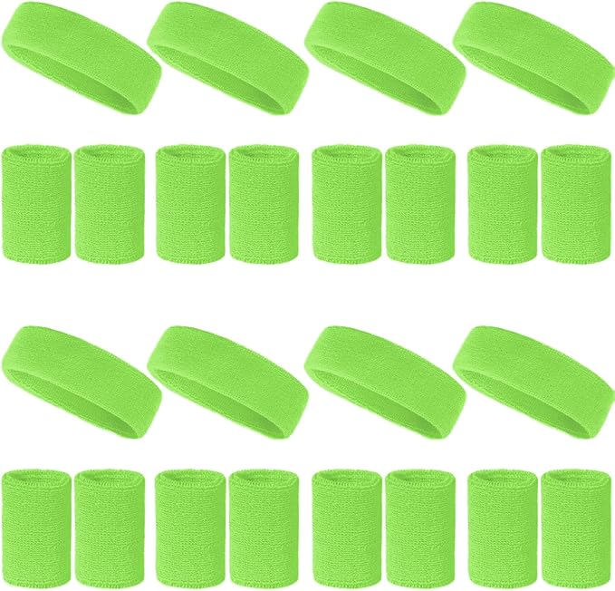 24 Pcs Neon Sweatbands Set Include 8 Pcs Sports Headband and 16 Pcs Cotton Wristbands 80s Neon Sweat Bands Bulk for Gym, Tennis, Basketball, Running, Exercise
