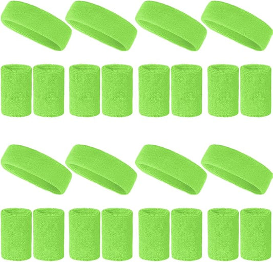 24 Pcs Neon Sweatbands Set Include 8 Pcs Sports Headband and 16 Pcs Cotton Wristbands 80s Neon Sweat Bands Bulk for Gym, Tennis, Basketball, Running, Exercise