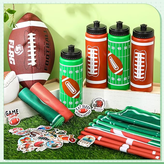 24 Pcs Football Water Bottle Football Cooling Towel Set with 50 Sticker Sports Party Favors Include 6 Reusable Sports Squeeze Water Bottle 6 Ice Towel Breathable Fast Drying for Team Gifts