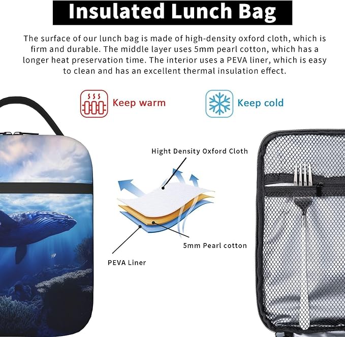 Insulated Lunch Box for Women Men, Whale Lunch Box Reusable Portable Lunch Bag Cooler Tote Waterproof Lunch Container for Office Picnic Work Travel Hiking
