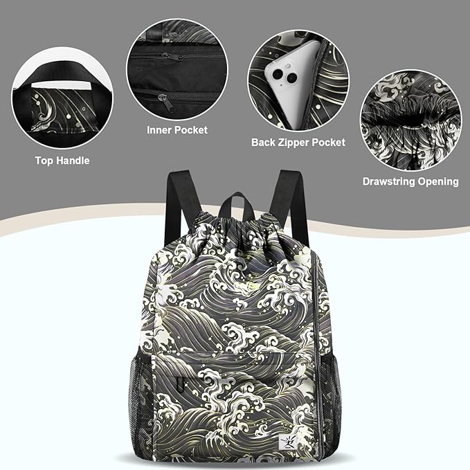 Drawstring Backpack with Mesh Pockets String Gym Bag Sackpack Sandproof Water Resistant Beach Backpack for Men Women