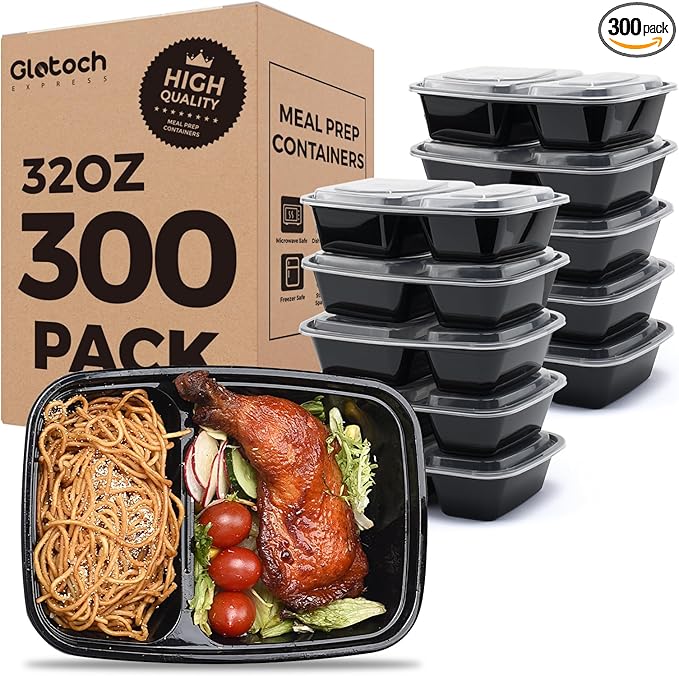 Glotoch Express 32oz Black Two-Compartment Square Meal Prep Containers, Food Storage Containers with Lids for Microwave Dishwasher Freezer Safe 300pack