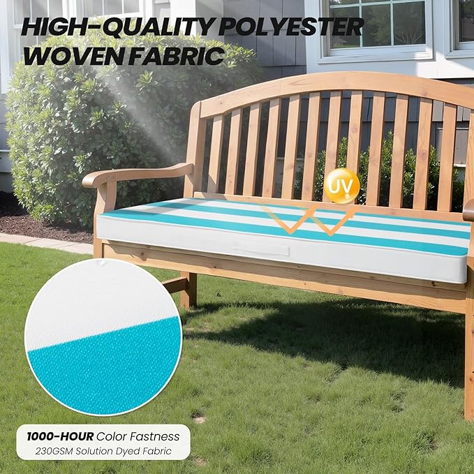 Crestlive Products Outdoor Bench Cushion 48 x 18 Inch, Waterproof Patio Bench Cushions for Outdoor Furniture, Porch Swing Replacement Pad with 30D Foam, Adjustable Straps, Blue White Stripe