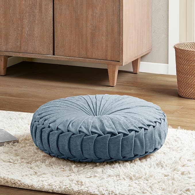 Intelligent Design Loretta Round Chenille Tufted Floor Pillow with Elegant Pleated Design, Large Boho & Vintage Decorative Throw Pillow for Sofa, Bed, or Chair, 22" x 6", Aqua