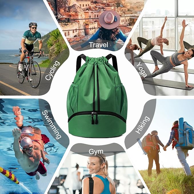 Hoedia Sports Drawstring Backpack - String Swim Gym Bag with Shoes Compartment and Wet Proof Pocket for Women/Men (Dark Green)