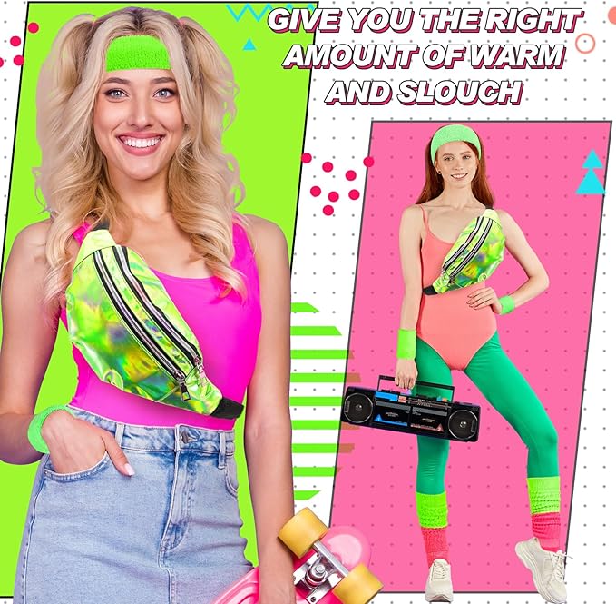 Tarpop 80s Neon Women Slouch Socks 90s Headbands Wristbands Fanny Pack Leg Warmers Sweatbands Waist Bag Women Party Costume