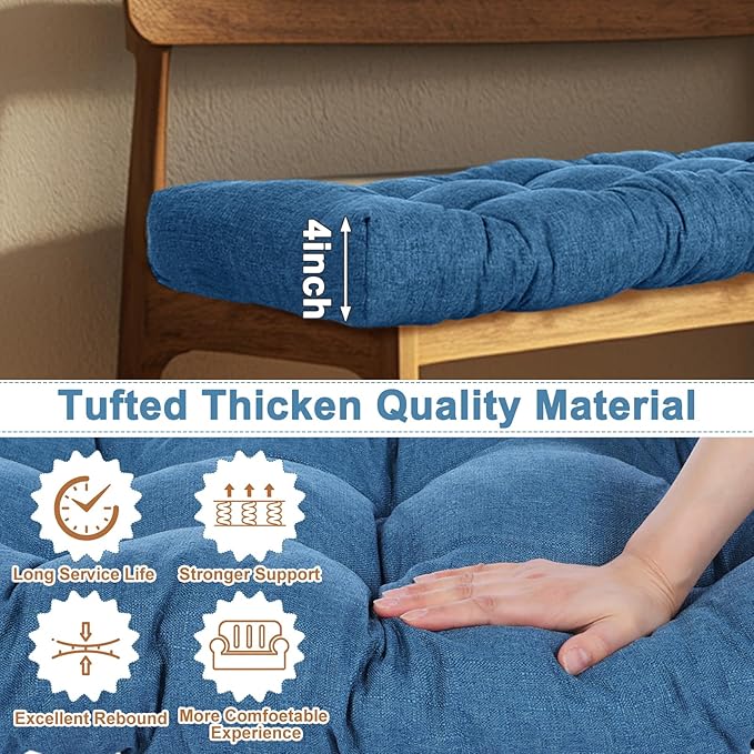 2 Pack Outdoor Bench Cushion Patio Waterproof Porch Swing Cushions Tufted Memory Foam Bench Seat Pads Thicken Non Slip for Outside Indoor Garden Furniture Wicker Loveseat Settee(Blue,42x16 Inch)